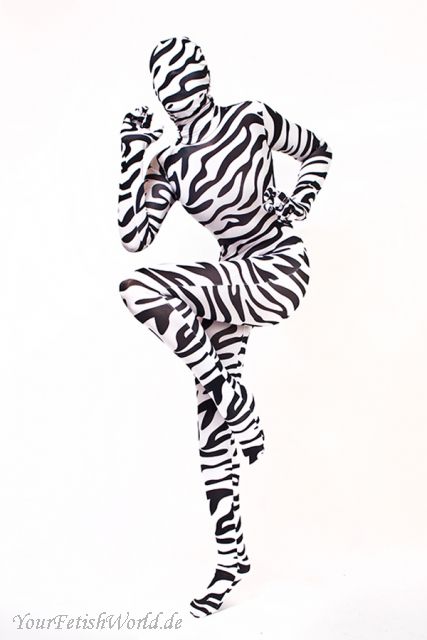 Lycra Ganzanzug Catsuit mit abnehmbarer Haube zebra
